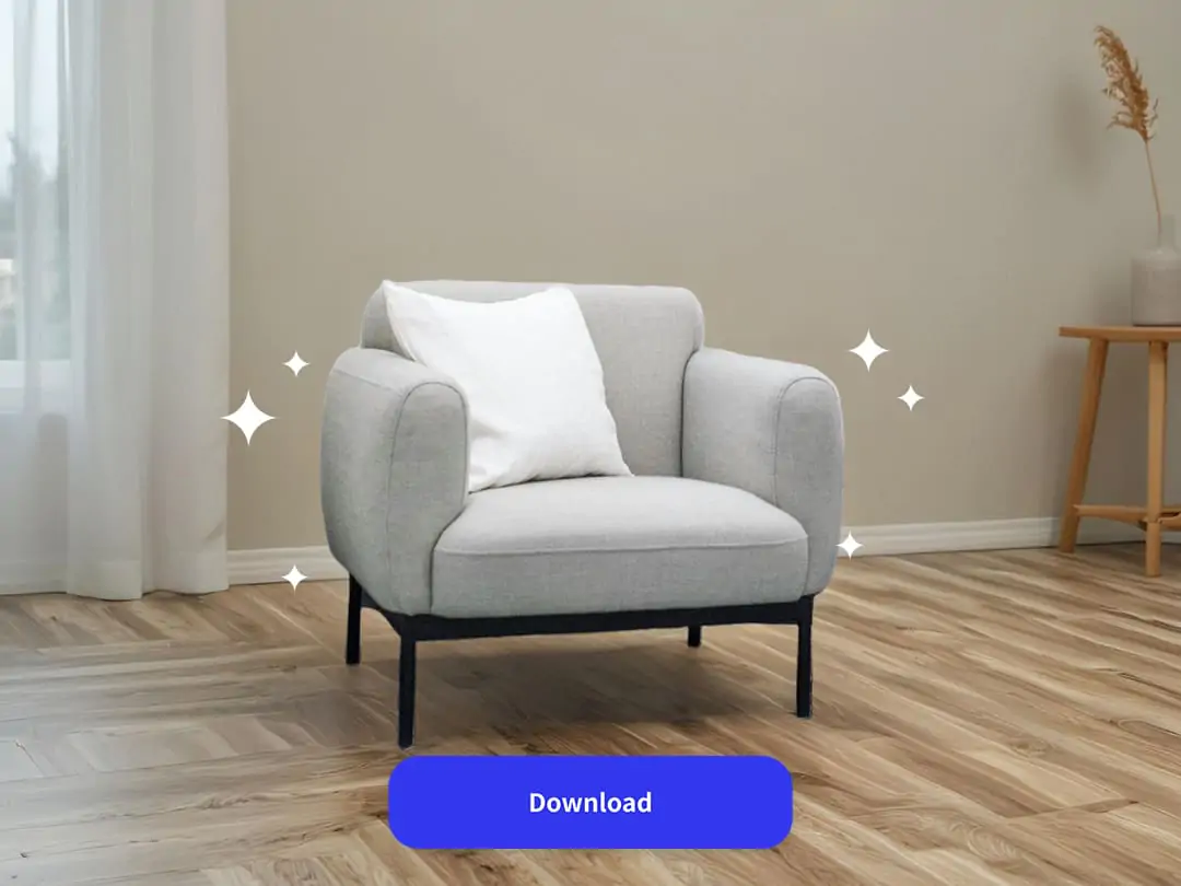 Three-step sequence showing furniture upload, AI isolation, and new background integration with multiple templates..