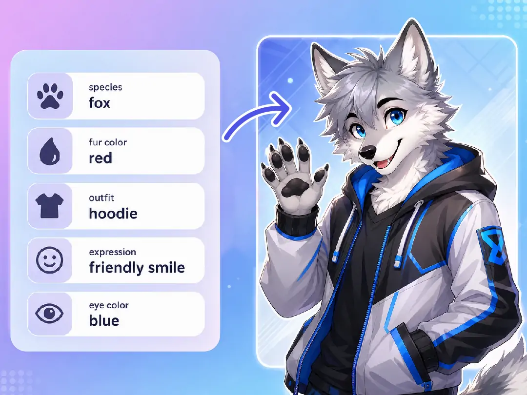 Tạo một nhân vật furry tùy chỉnh từ lời nhắc văn bản với các chi tiết có thể chỉnh sửa