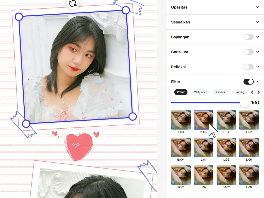 Antarmuka Pokecut dengan alat pengeditan khusus untuk setiap sel foto gabungan