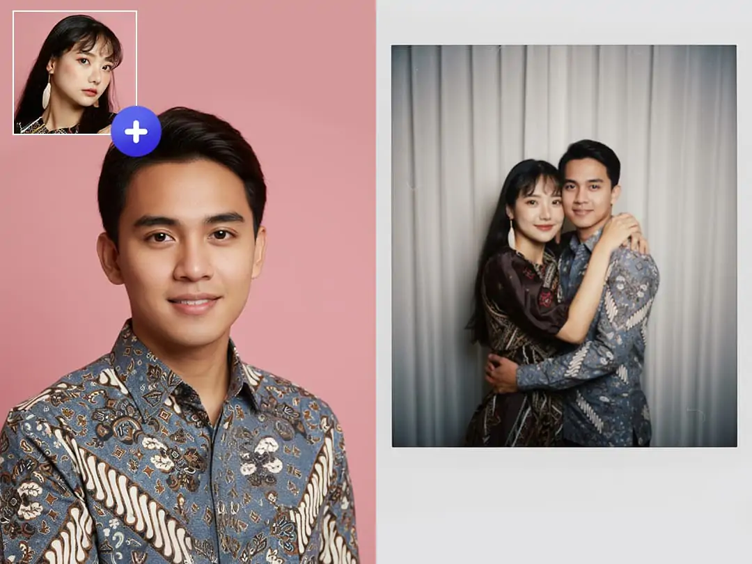 Antarmuka Pokecut dengan model AI untuk menggabungkan dua foto menjadi satu karya unik