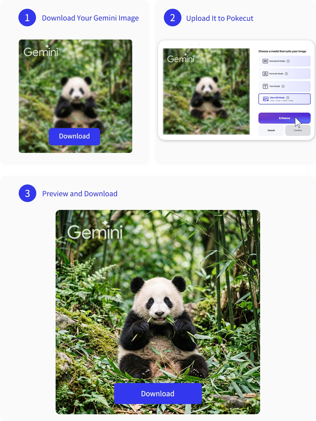 Three-step workflow for enhancing a Gemini image online