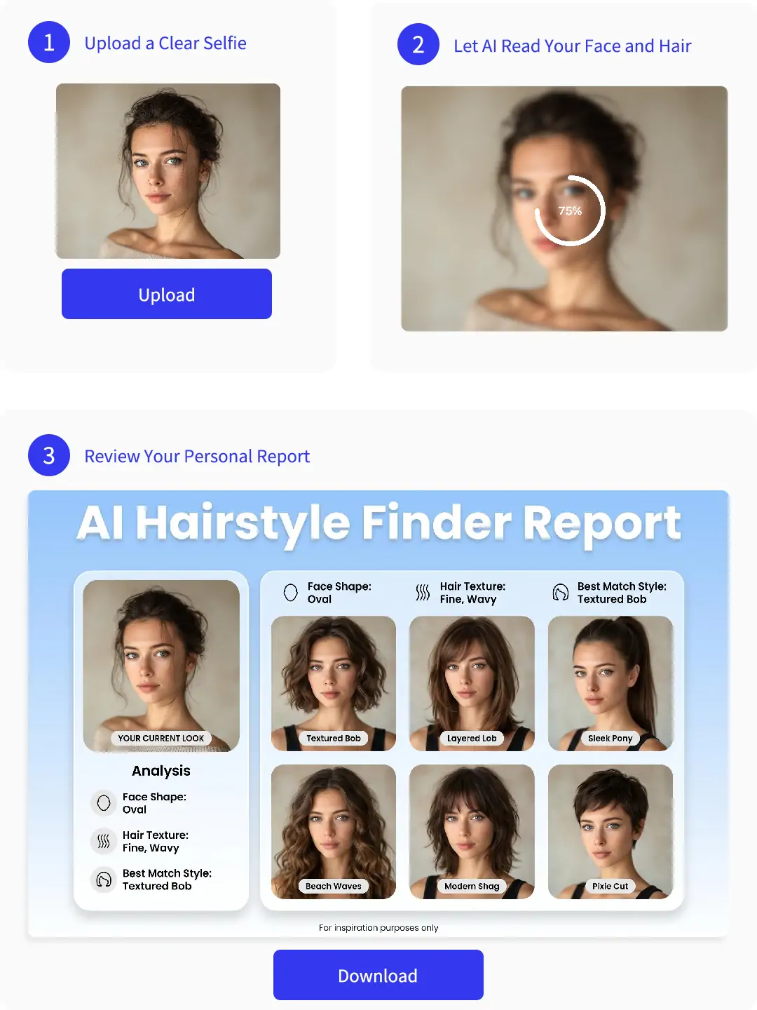 Three-step flow for creating an AI hairstyle report