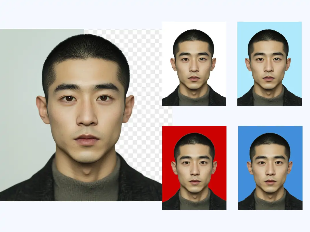 Hong Kong passport photo with digital editing and export options, showing format icons and enhancement features