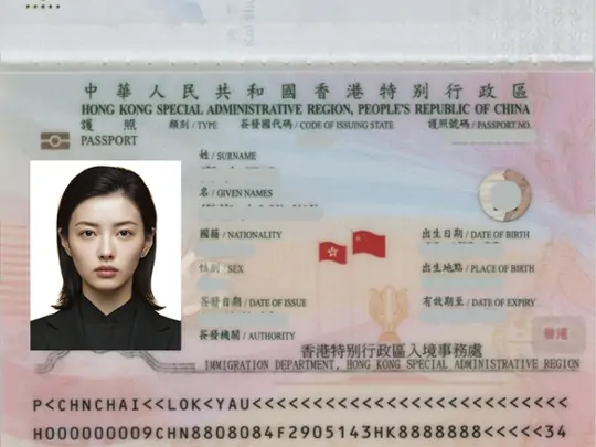 Hong Kong passport photo with precise size guides and uniform white background, showing compliance with standards