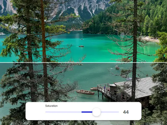 Photo editor interface with landscape and saturation slider showing real-time image adjustment