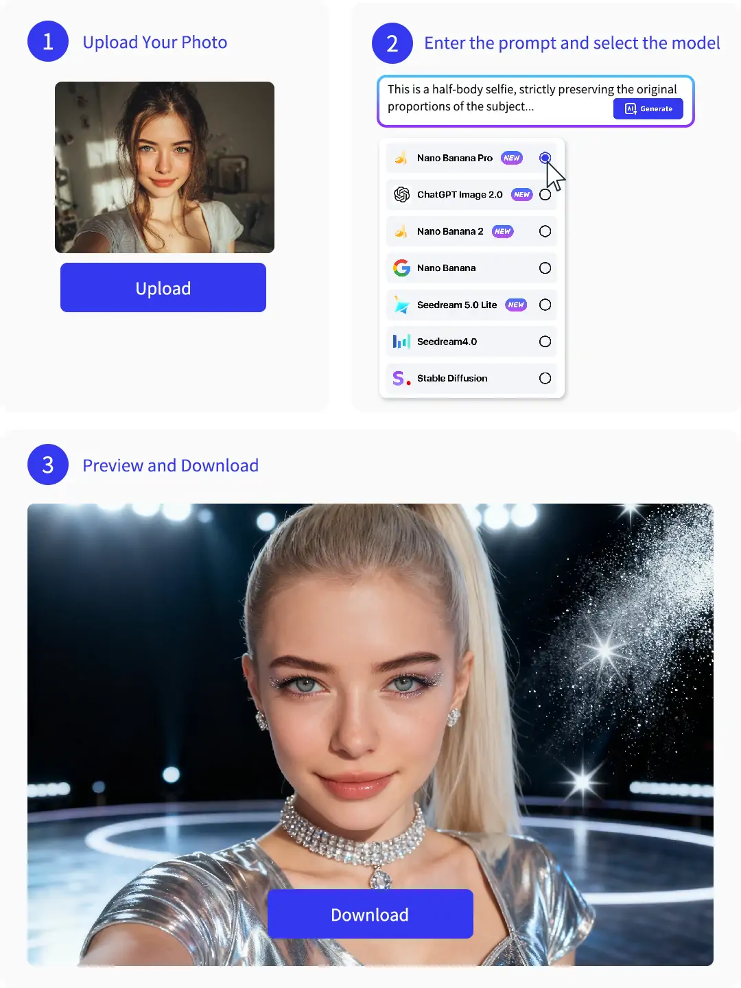 Three-step image to image AI editing workflow