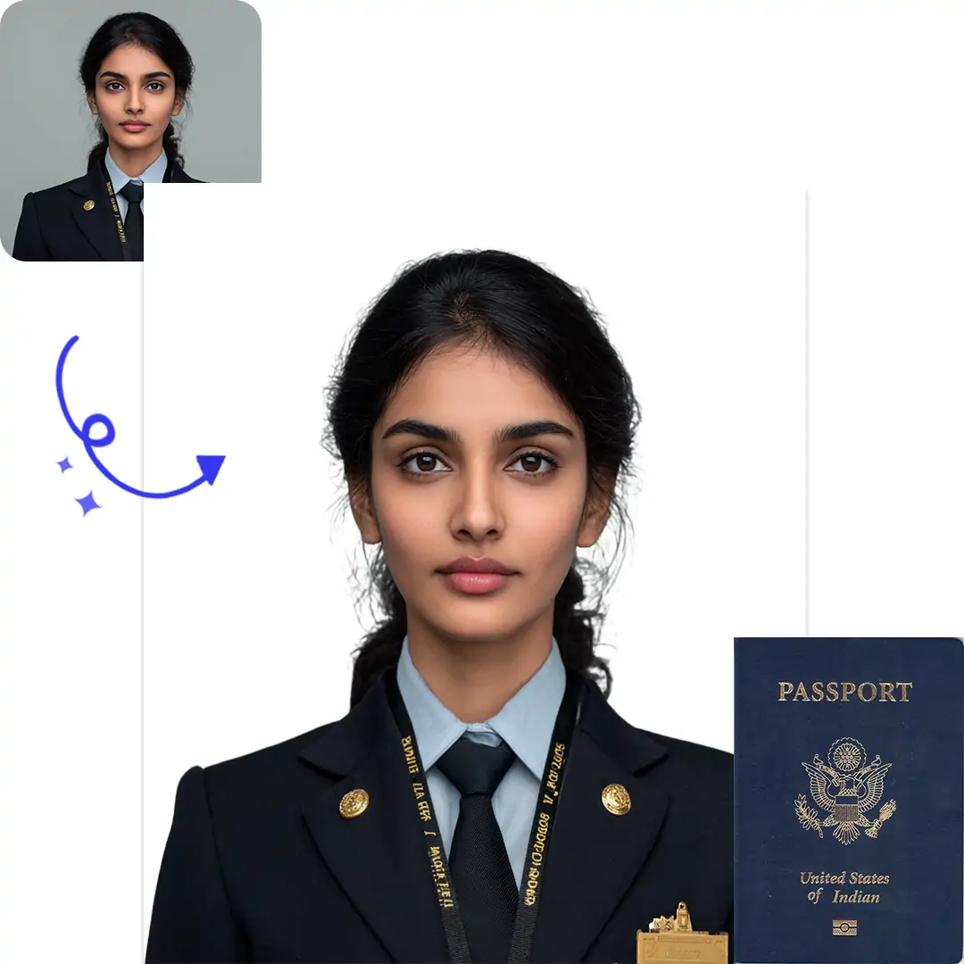 AI-generated Indian passport size photo sample with before-and-after comparison, showcasing automatic background removal and precise photo resizing.
