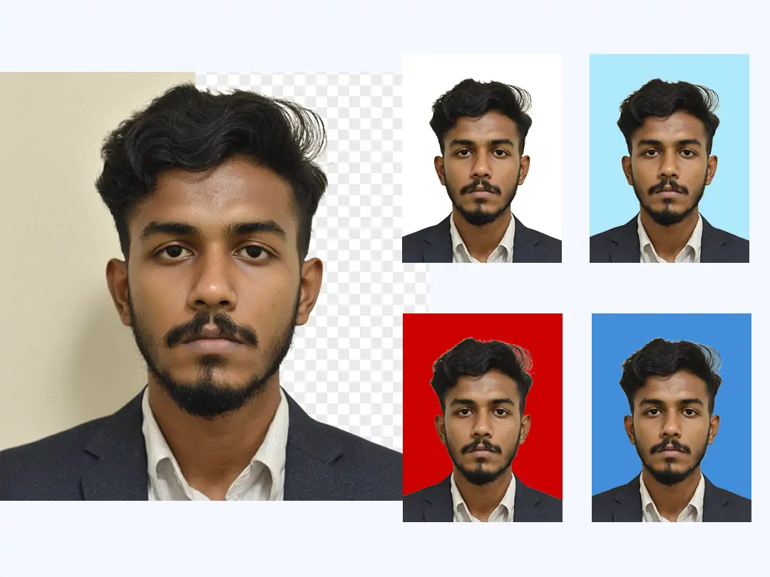 Free online editing of Indian passport photo with AI, showing easy modification and instant download features.