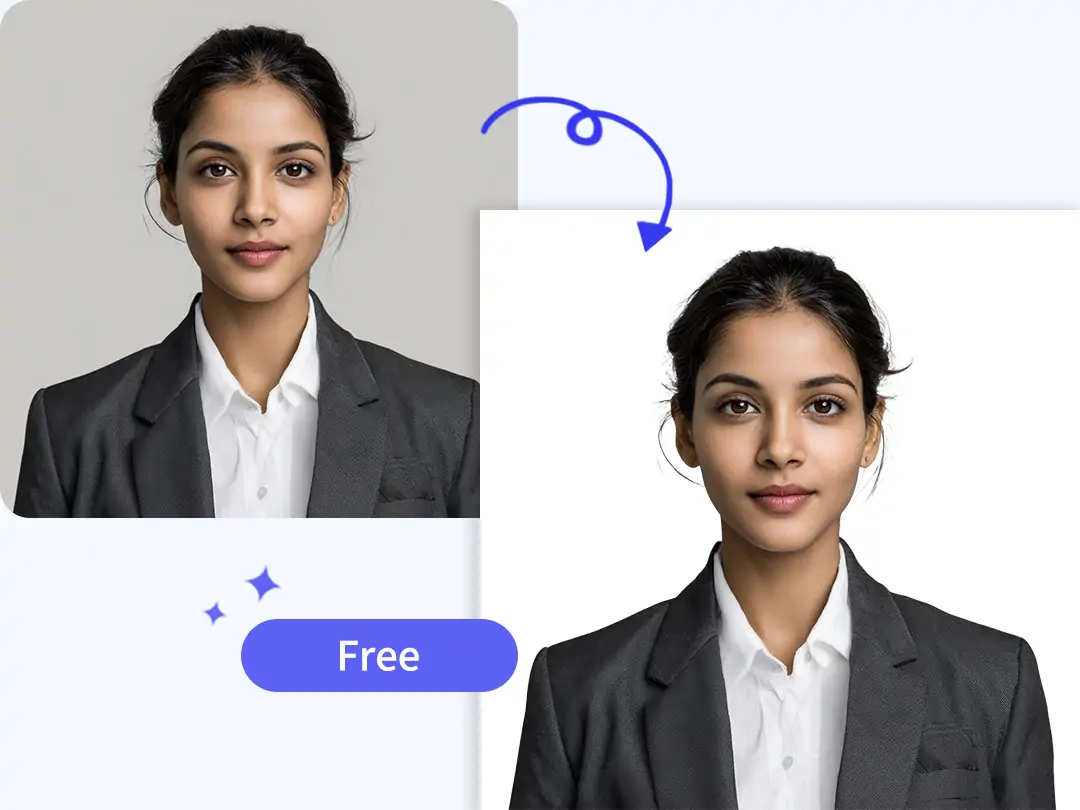 AI smart background change and resizing for Indian passport photo, showing before-and-after compliance results.