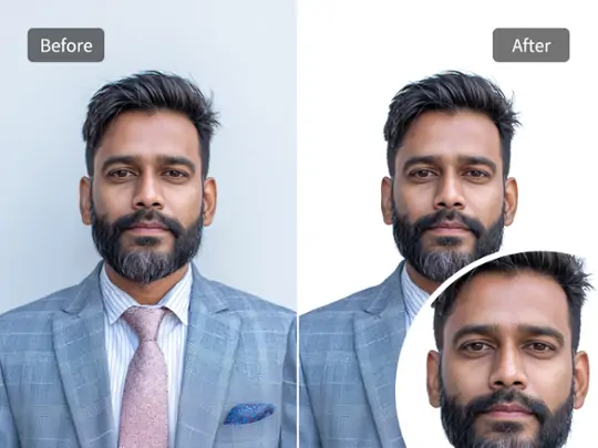 High-quality Indian passport size photo with sharp, clear details, enhanced by AI technology for official documents.