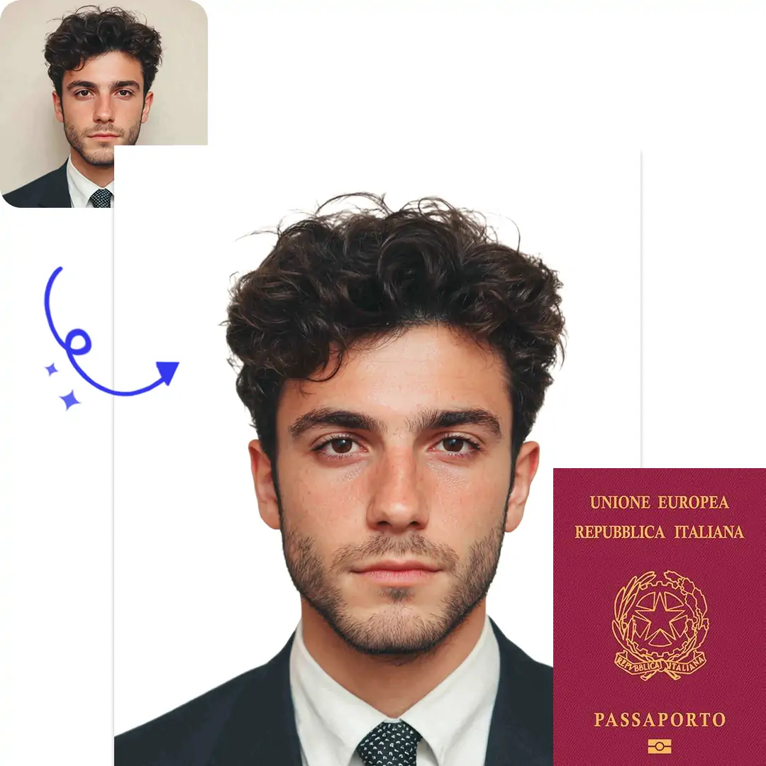 AI-generated Italian passport photo showing before and after transformation with official size and background.