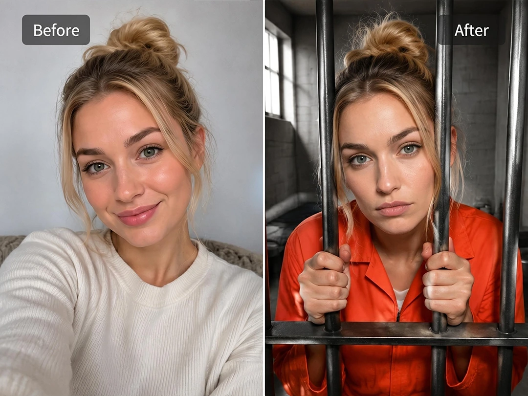 Portrait transformed into a prison-style jail photo