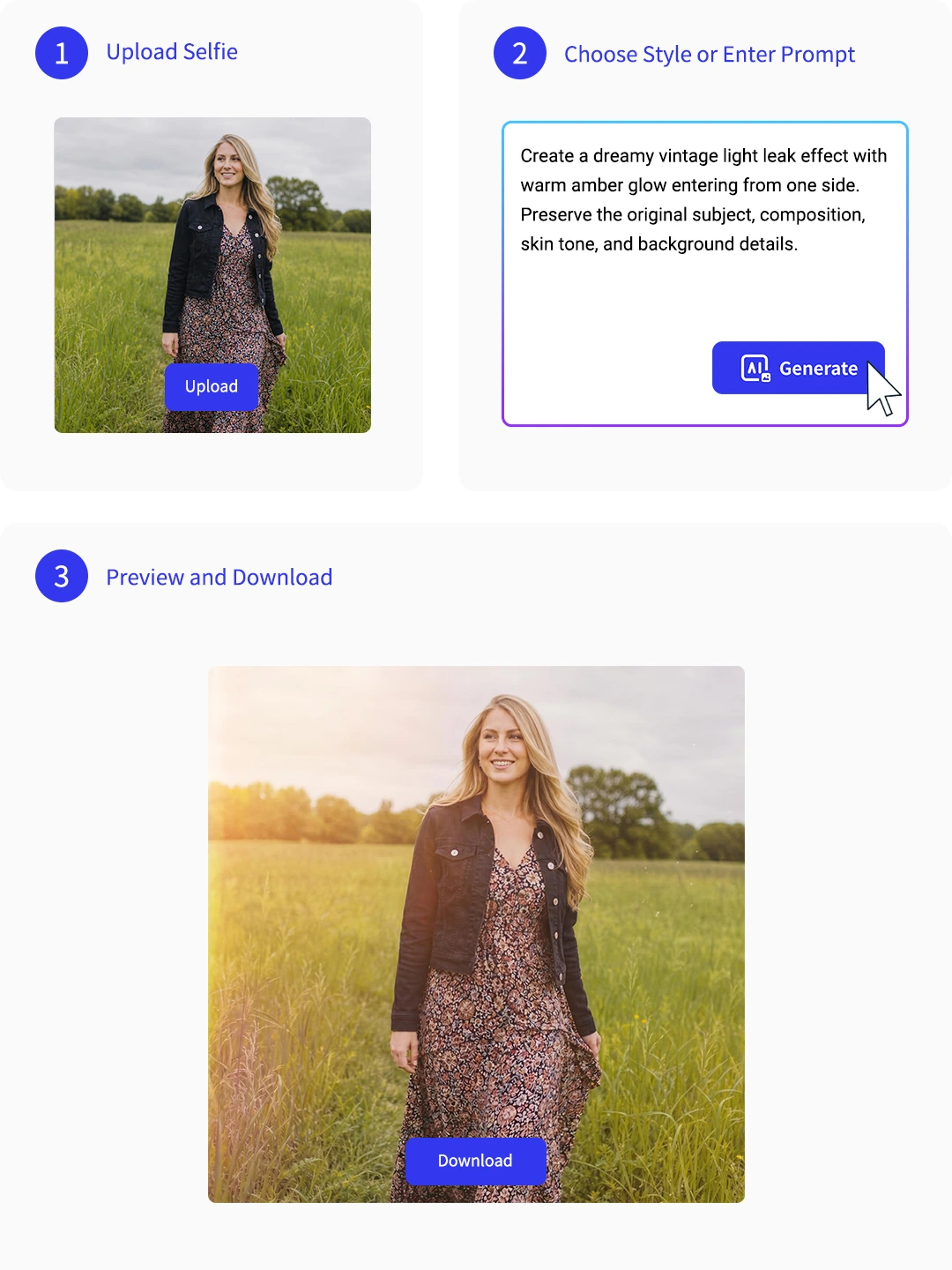 Three-step workflow for adding a light leak effect