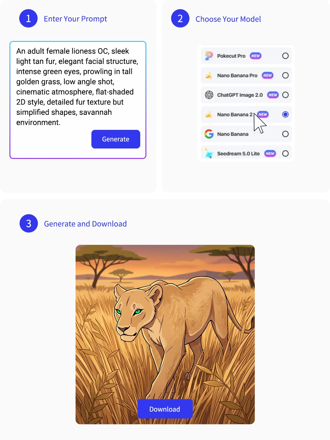 Create a Lion King OC with prompt input, model selection, and image sizing