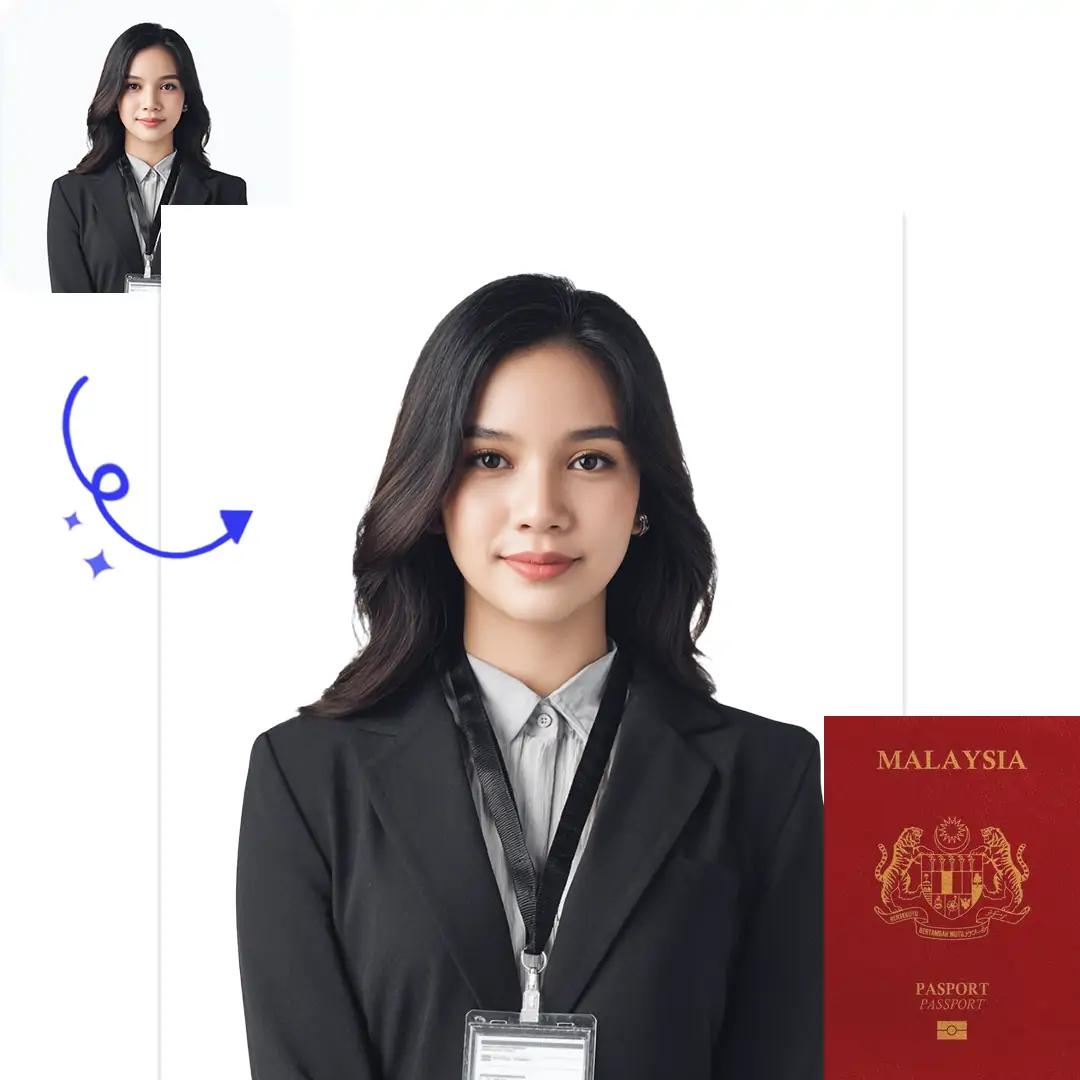 AI-generated Malaysia passport photo with before-and-after comparison, white background and official dimensions.