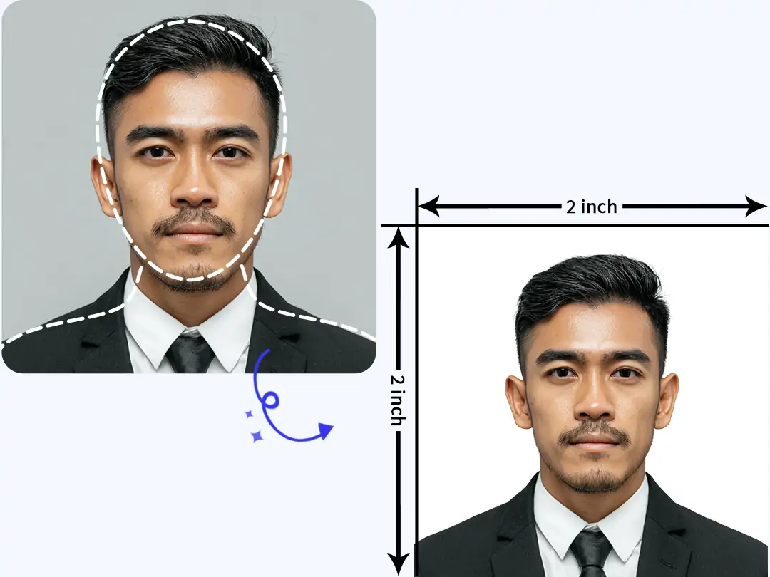 AI-cropped Singapore passport photo next to original portrait, showing official photo size and requirements.