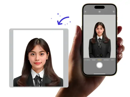 Singapore passport photo with green compliance check and validation icons for instant photo requirements.