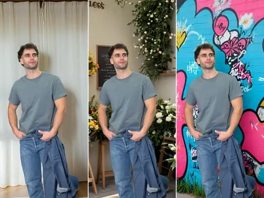 Multiple fashion models in diverse AI-generated backgrounds, showcasing clothing and visual versatility..