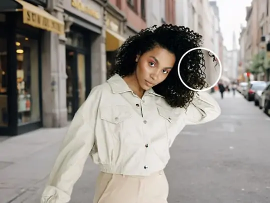 High-definition fashion model portrait with crisp clothing details and a blurred AI-generated background..