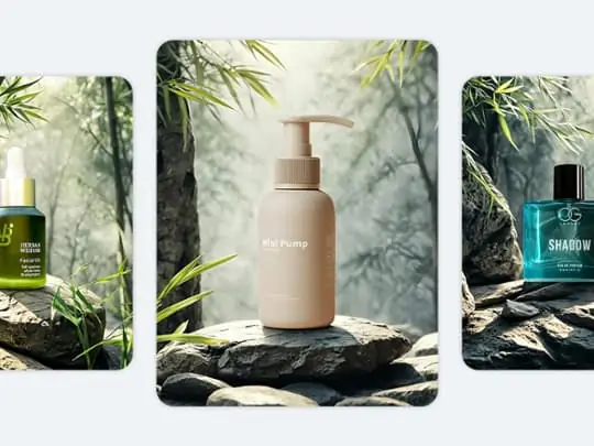 Fashion model with original and AI-replaced product photo backgrounds, showing versatility and style..