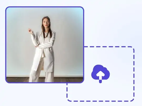 Fashion model with original and AI-generated photo backgrounds, highlighting automatic background replacement..