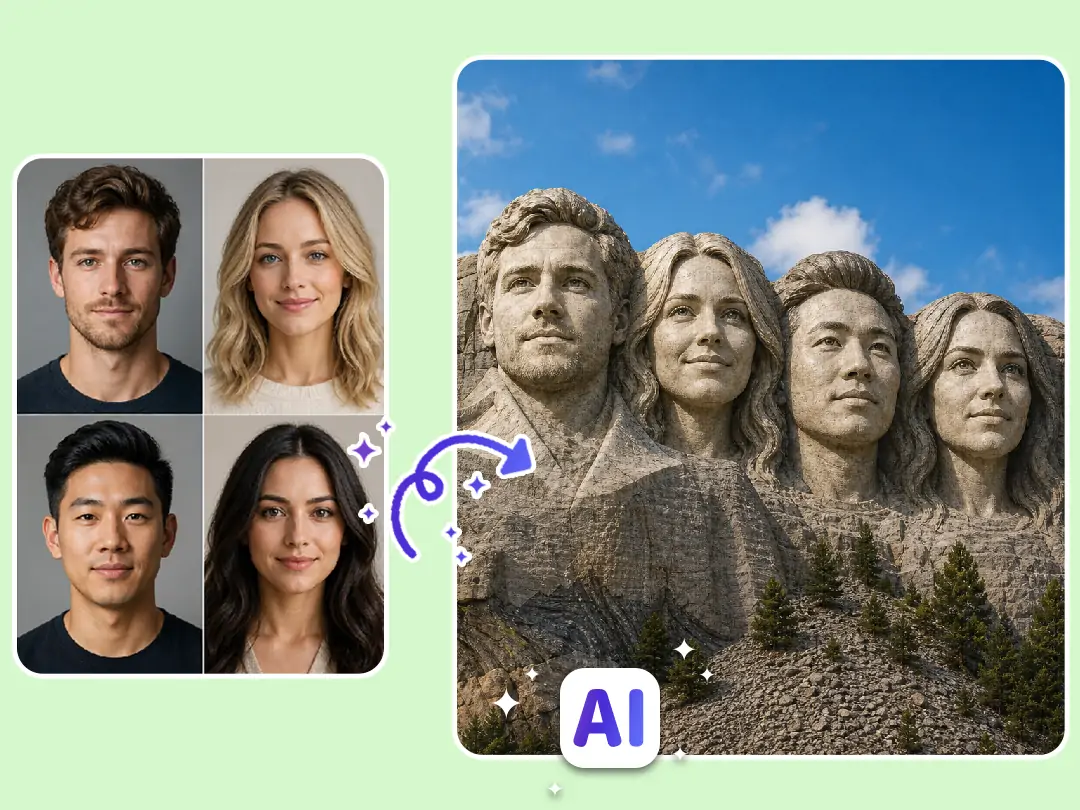 Merge group faces into one Mount Rushmore stone portrait