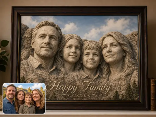 Make a family Mount Rushmore gift image with greeting text