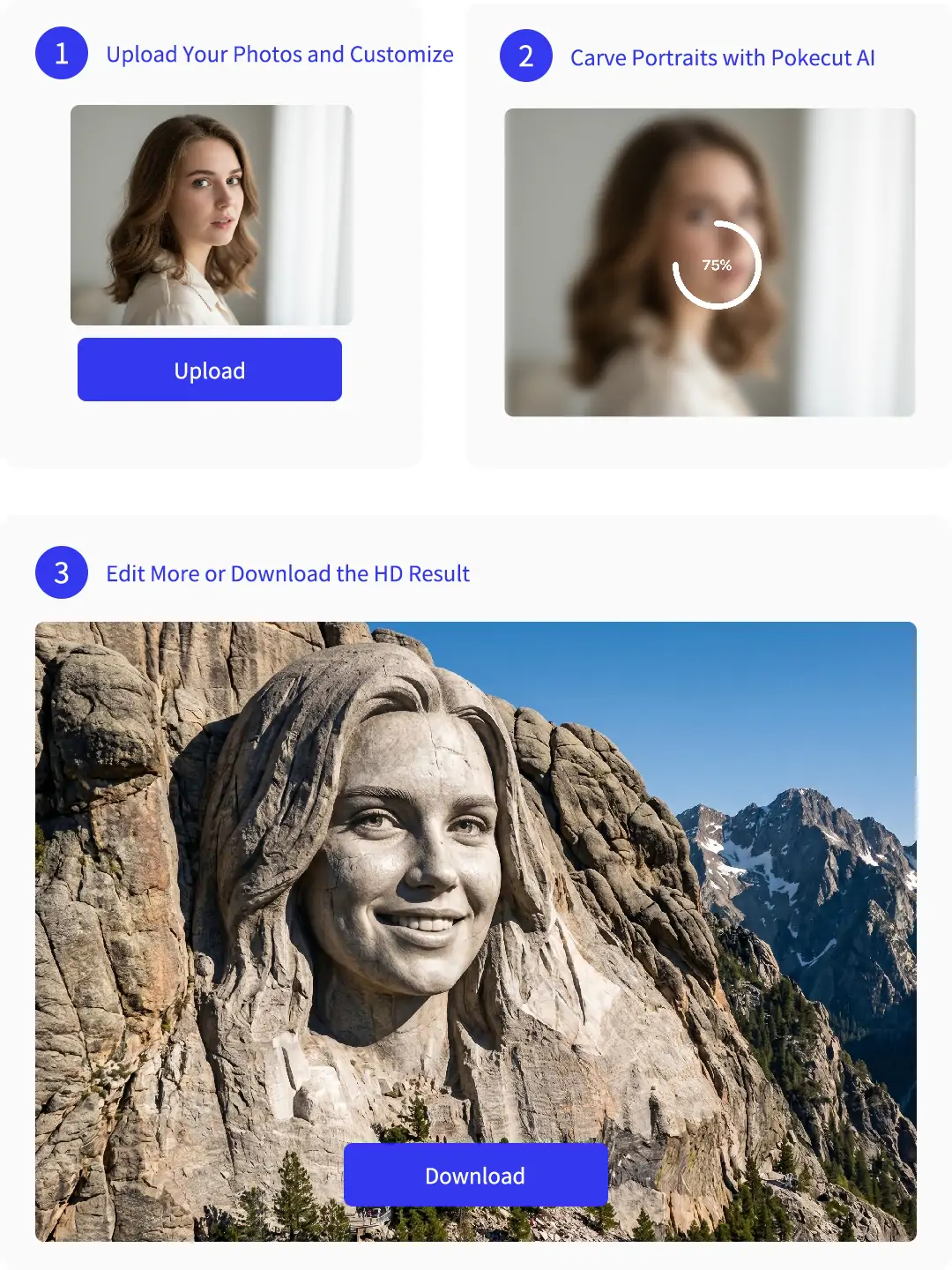 Upload photos, generate stone portraits, and download HD art