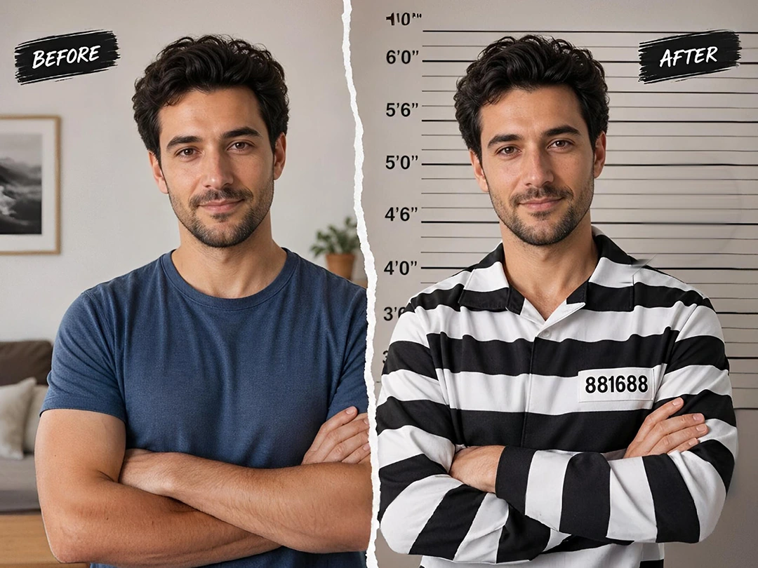 Fake mugshot outfit changer with prison height wall