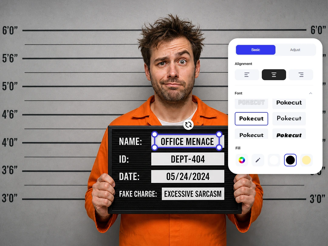 Custom mugshot sign editor with funny charge text