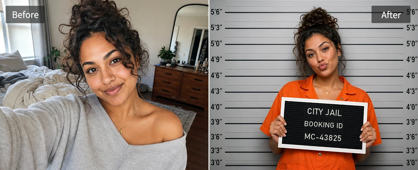 Selfie transformed into a funny fake mugshot