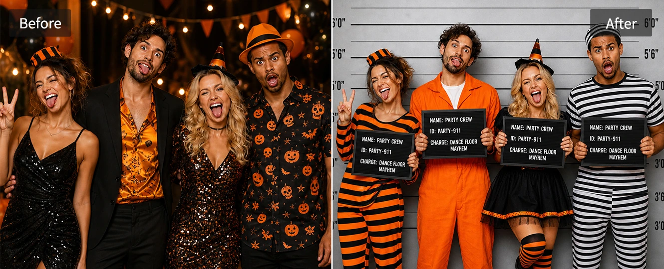 Friends styled as matching party mugshot photos