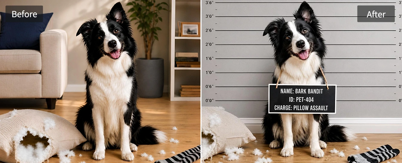 Funny pet fake mugshot with guilty expression