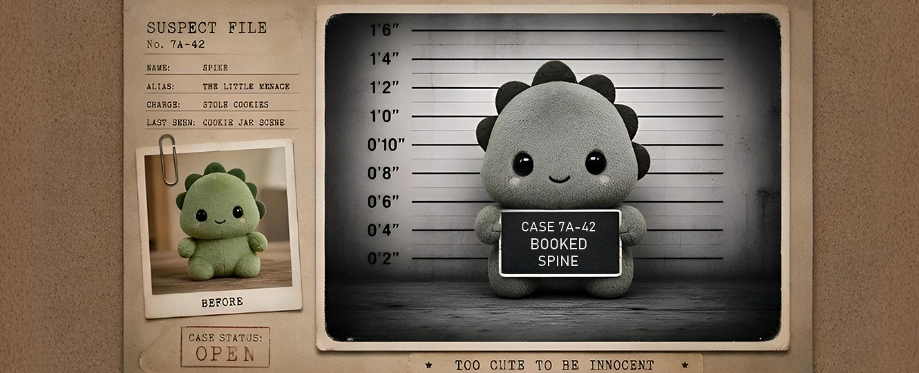 Plush toy fake mugshot with vintage case-file style