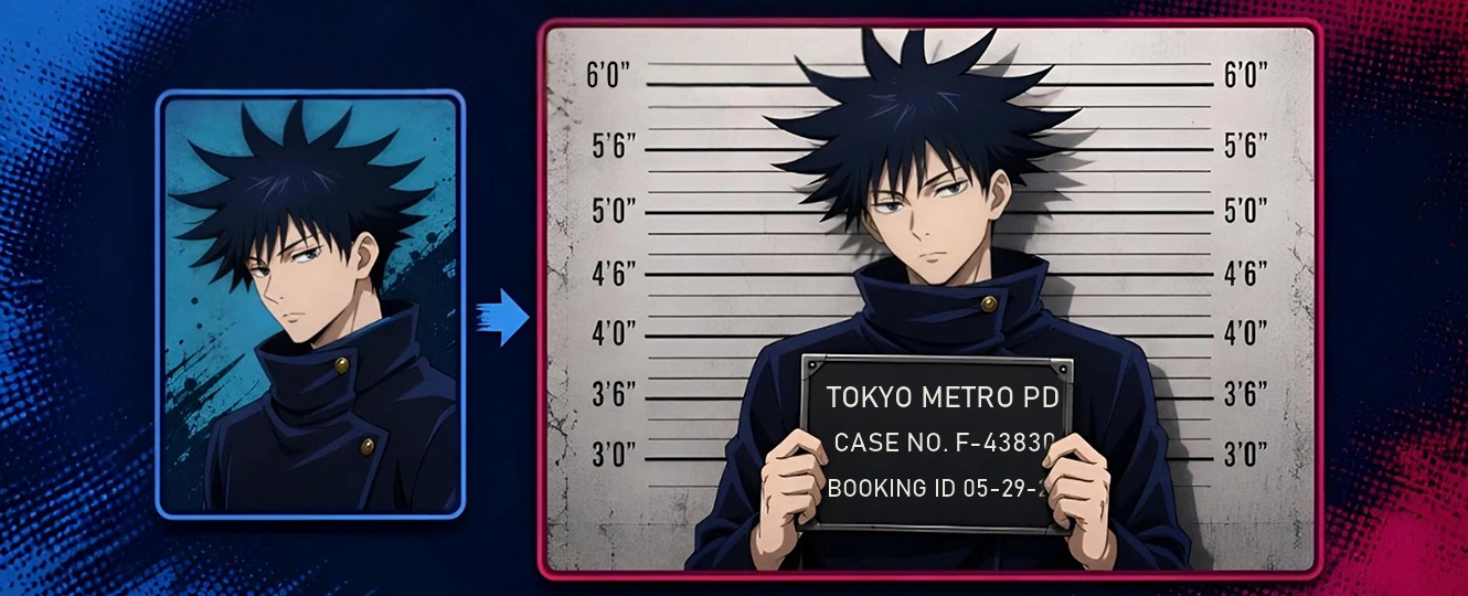 Anime character edited into a fake police mugshot