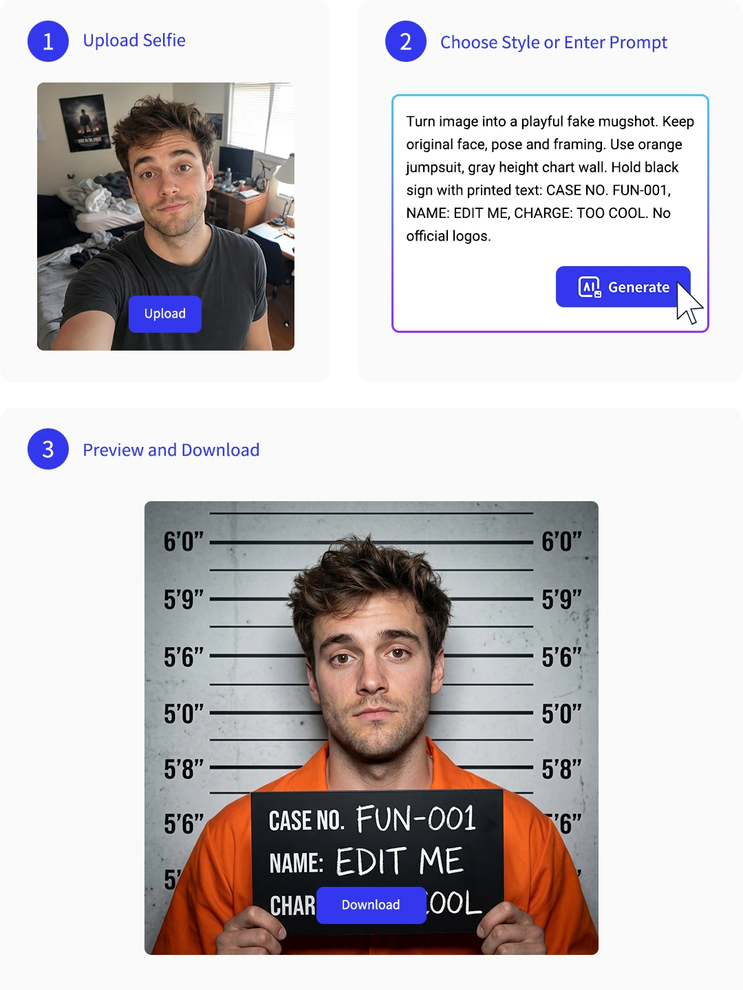 Three-step workflow for making a fake mugshot online
