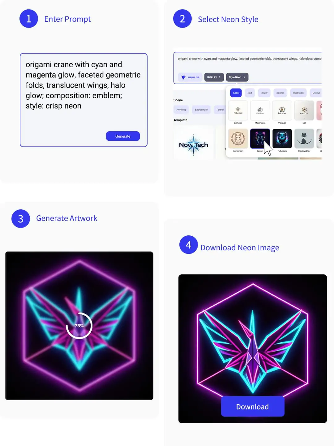 Neon sign generator process from text input selecting neon styles AI generating neon logo and downloading the image