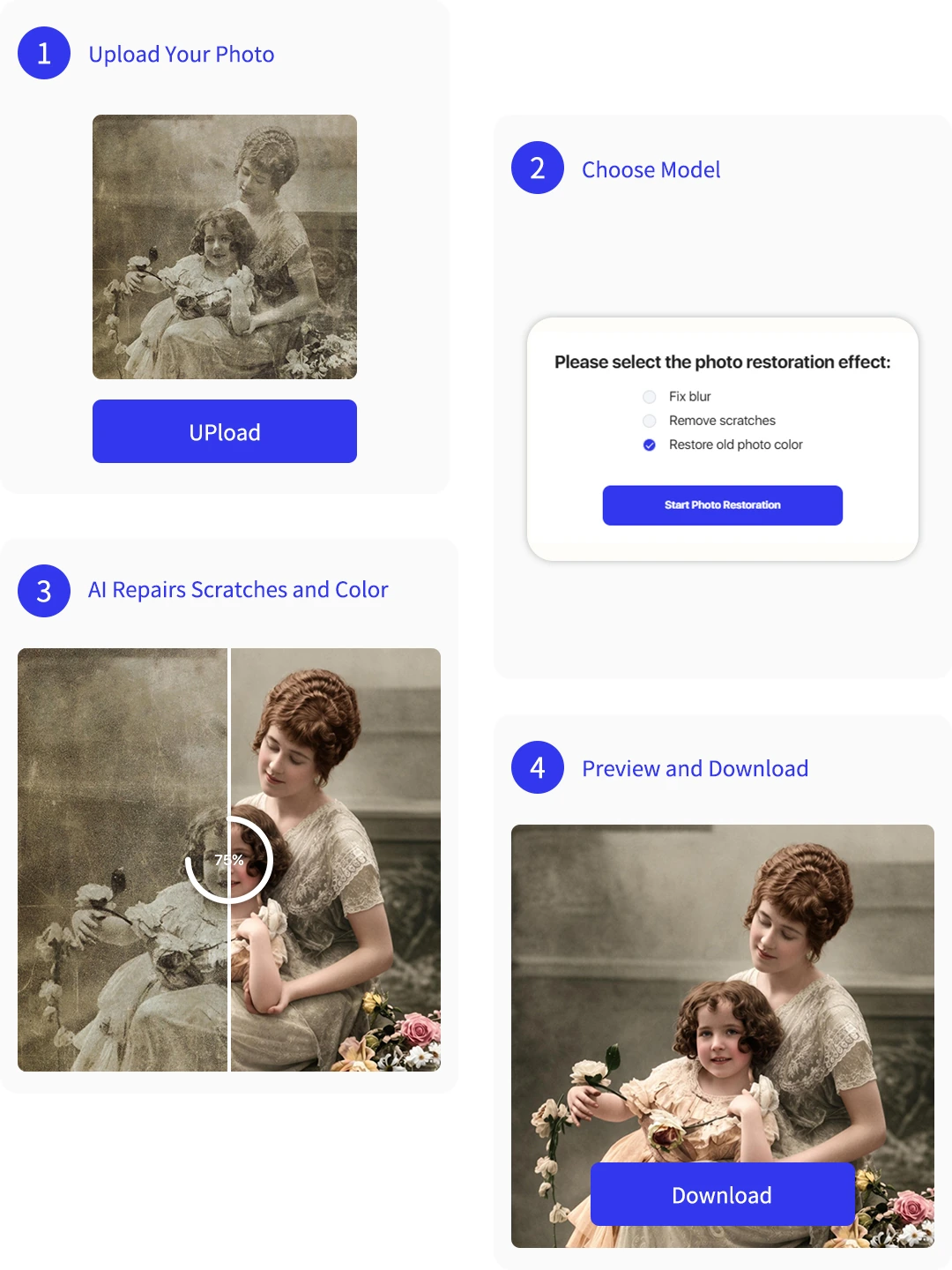 Three steps to restore old photos online