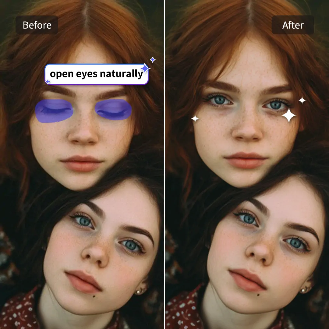 Pokecut's AI eye opener easily turns photos of people with closed eyes into open eyes