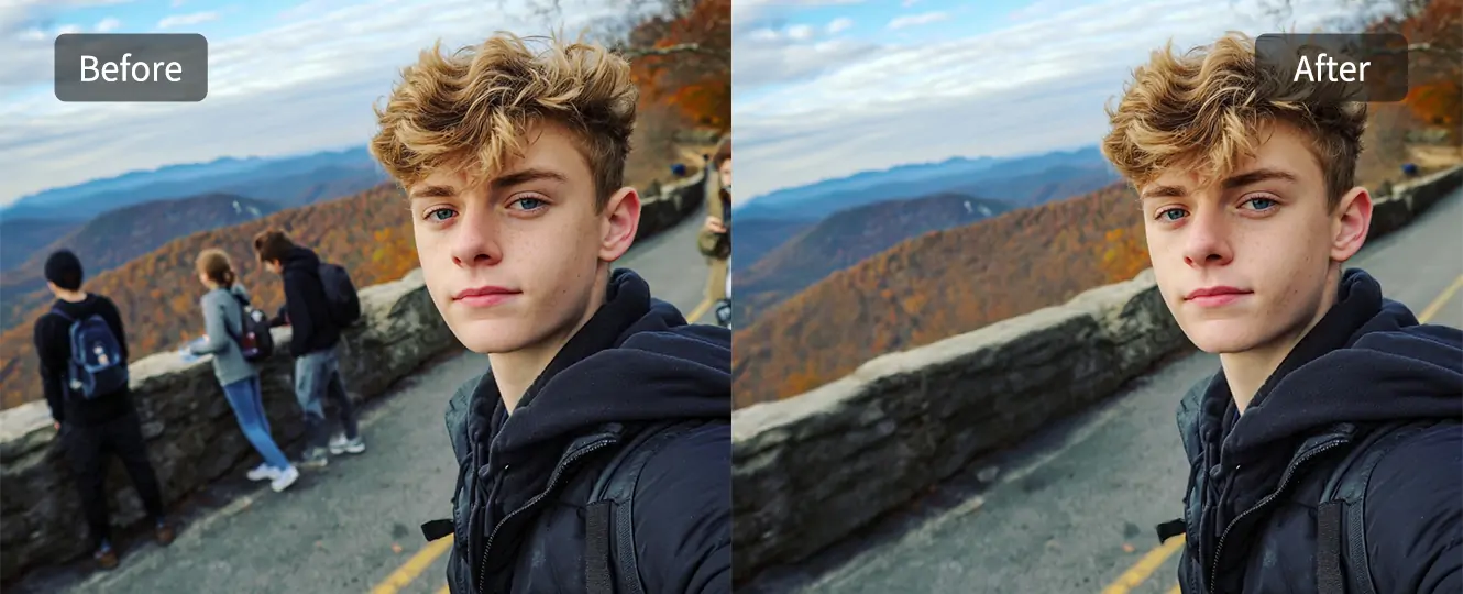 Comparison pictures of removing photobombers or passersby