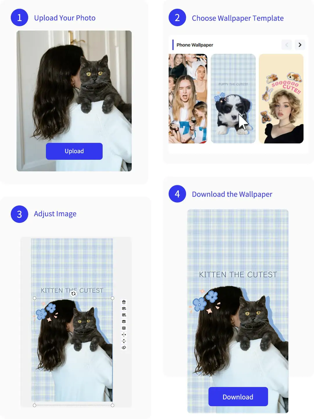 Four-step phone wallpaper maker process showing upload, portrait mode, template selection, and preview with download