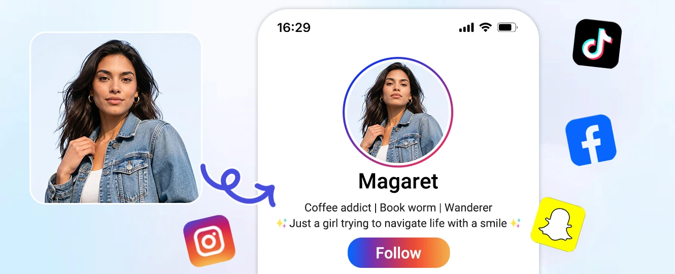 Change a selfie into a strong portrait camera angle