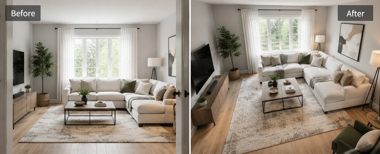 Preview an interior photo from a new room viewpoint