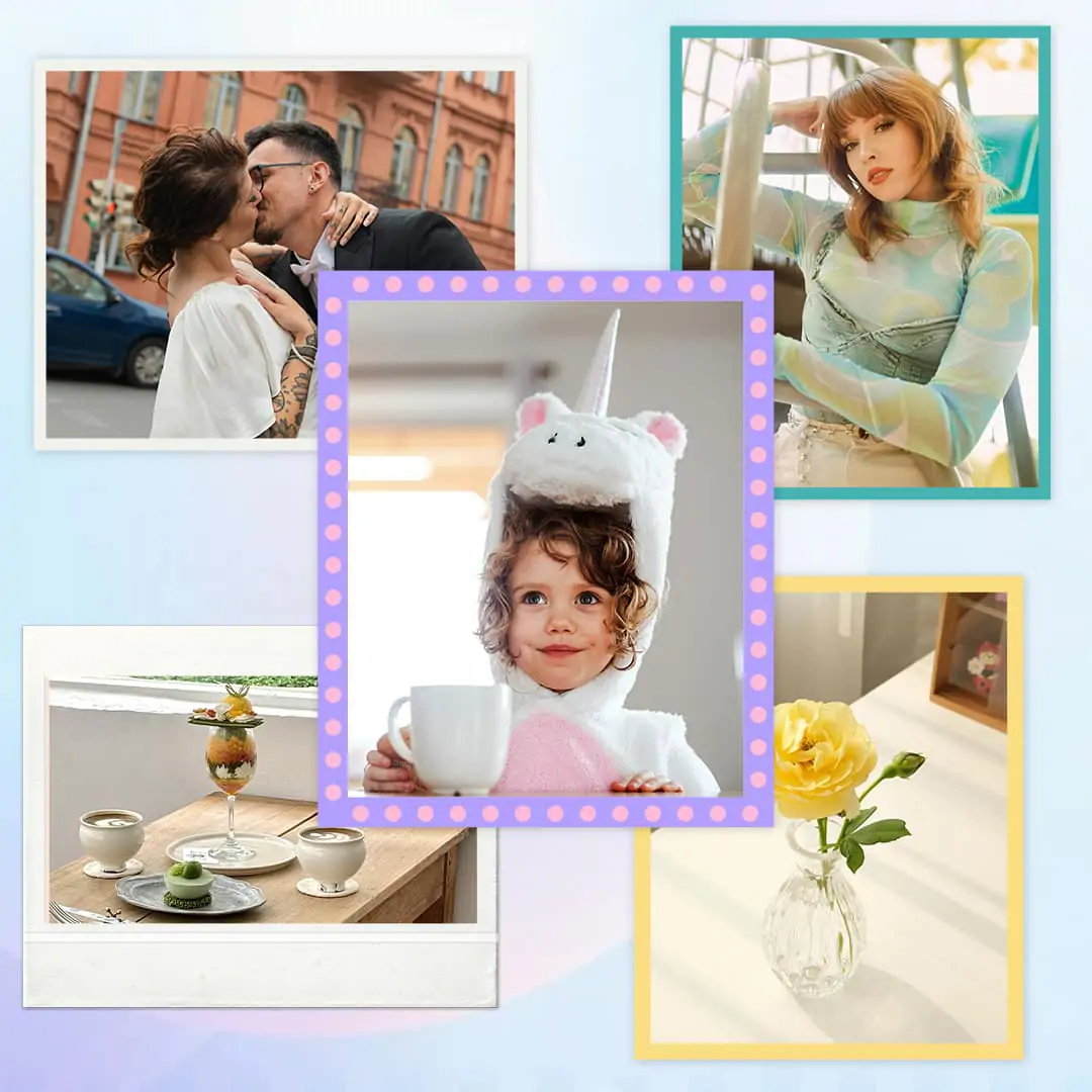 Various creative photo borders and frames applied to different images showing digital border editing