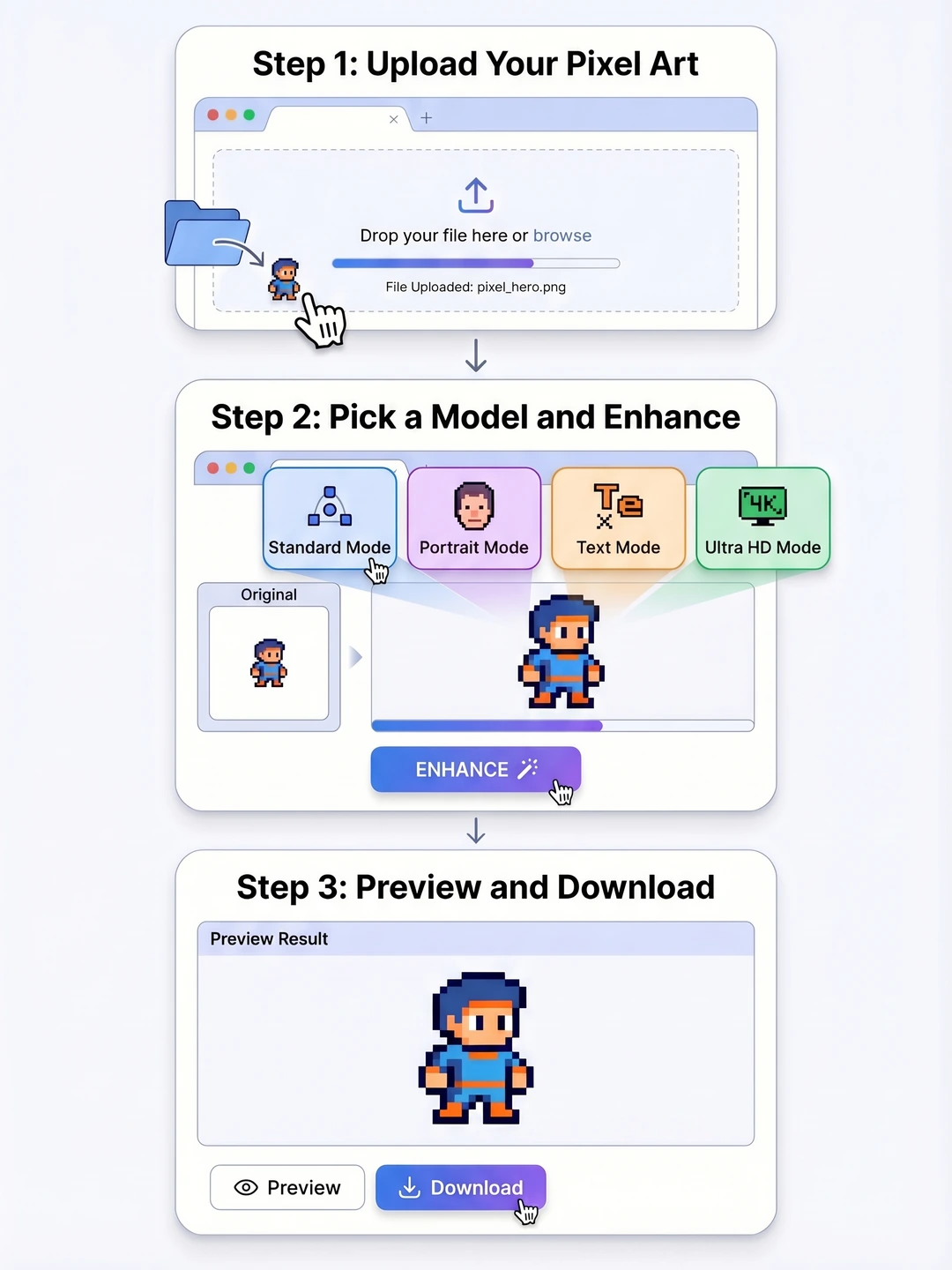 Follow three steps to upscale pixel art online