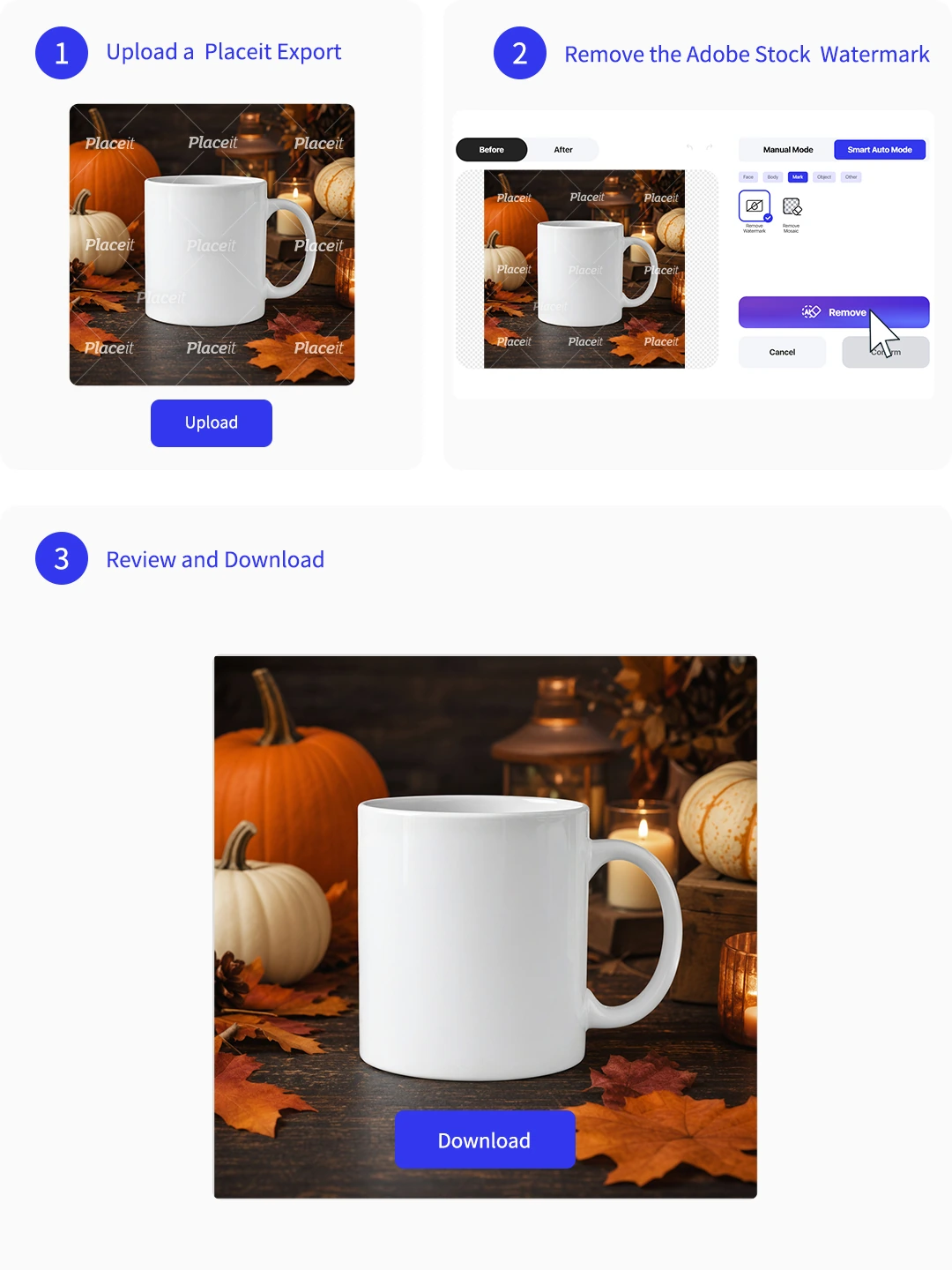 Follow four steps to remove a Placeit watermark