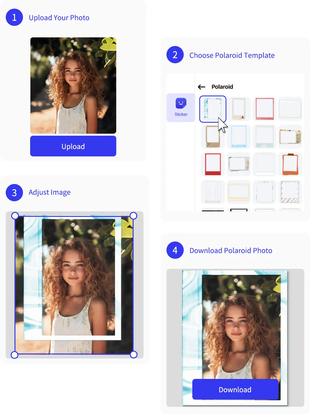 Four step polaroid editor process including upload photo choose template adjust photo placement and preview download