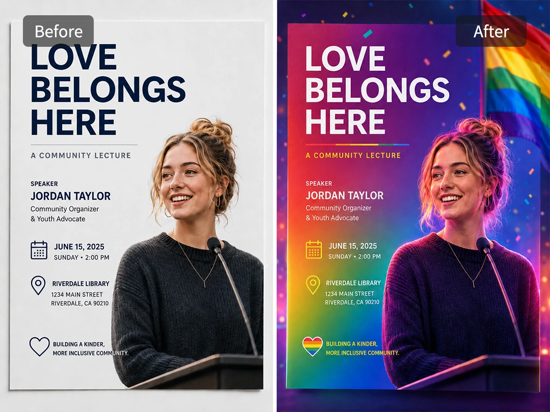 Make a readable Pride event poster with rainbow light