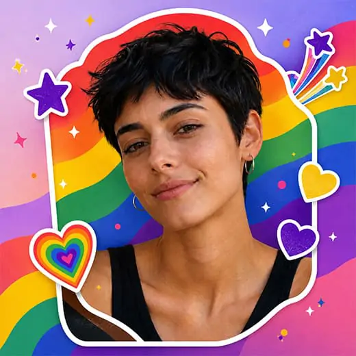 Selfie with a pride flag avatar frame and clean round crop