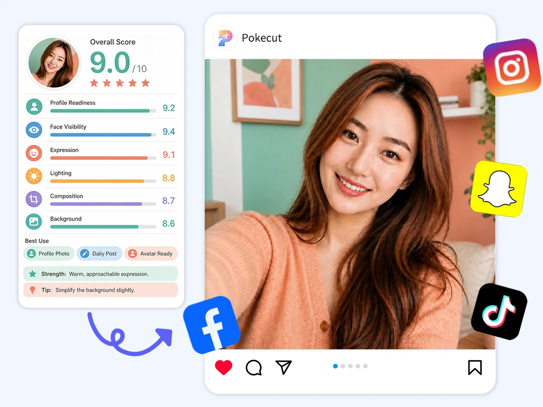 Social profile photo rater showing selfie score and advice